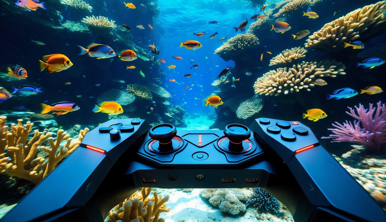 Pemandangan bawah laut dengan ikan berwarna-warni dan terumbu karang, dilengkapi dengan panel kontrol permainan digital yang futuristik.