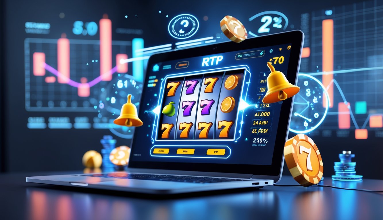 Sebuah komputer menampilkan permainan slot online dengan grafik dan simbol warna-warni, dikelilingi oleh grafik dan angka yang menunjukkan nilai RTP tinggi.
