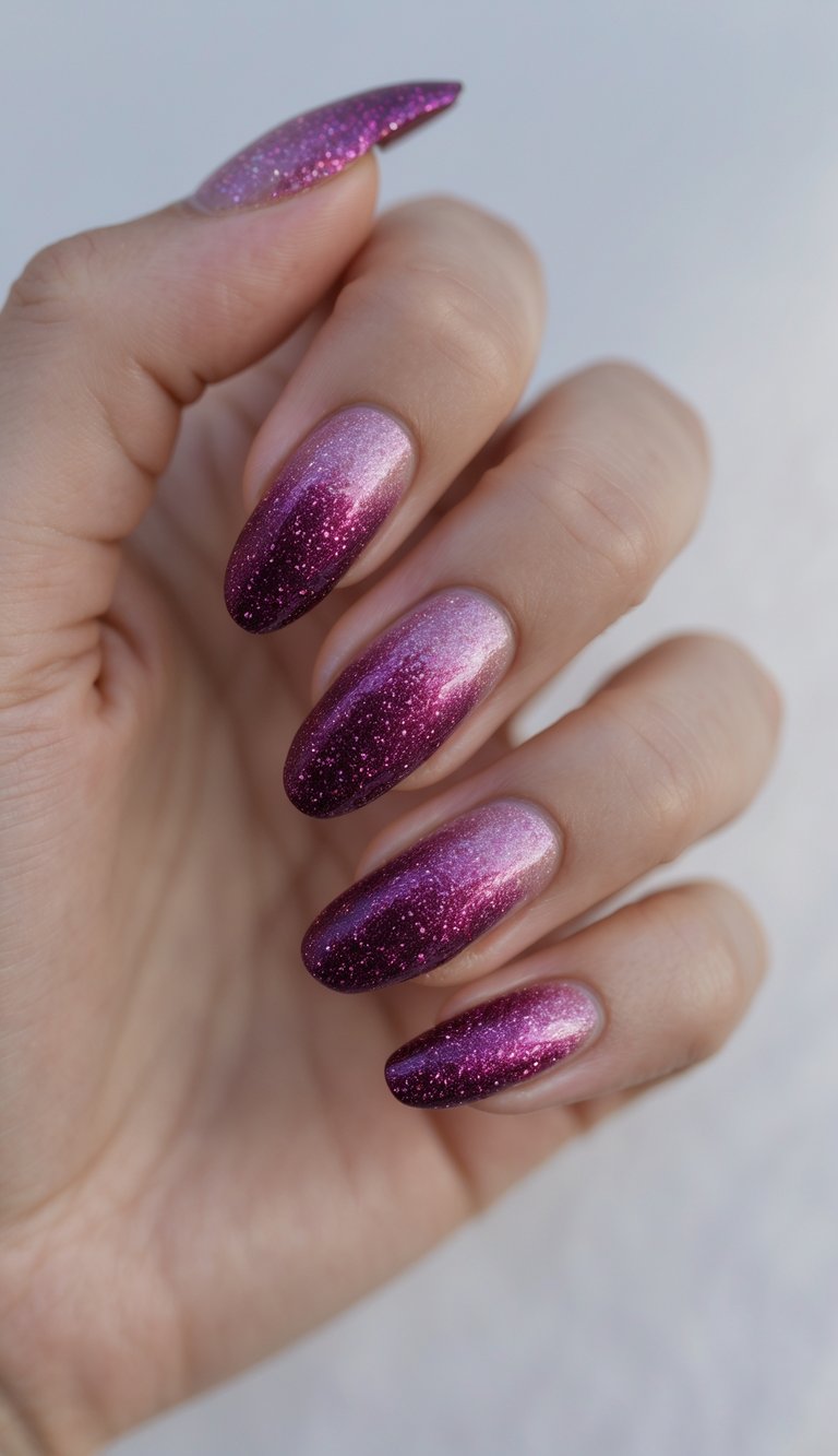 Close-up of one hand with berry magenta glitter gradient nails against a white background.