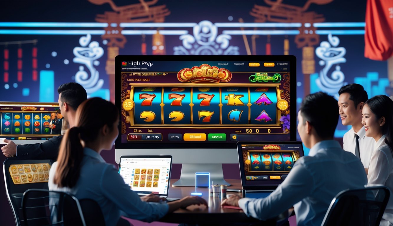 Orang-orang menggunakan perangkat digital untuk bermain slot online dengan latar belakang elemen budaya Indonesia.