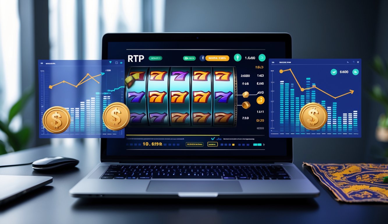 Tampilan komputer dengan permainan slot online di layar, dikelilingi grafik data dan elemen budaya Indonesia, menunjukkan suasana permainan slot online yang terpercaya.