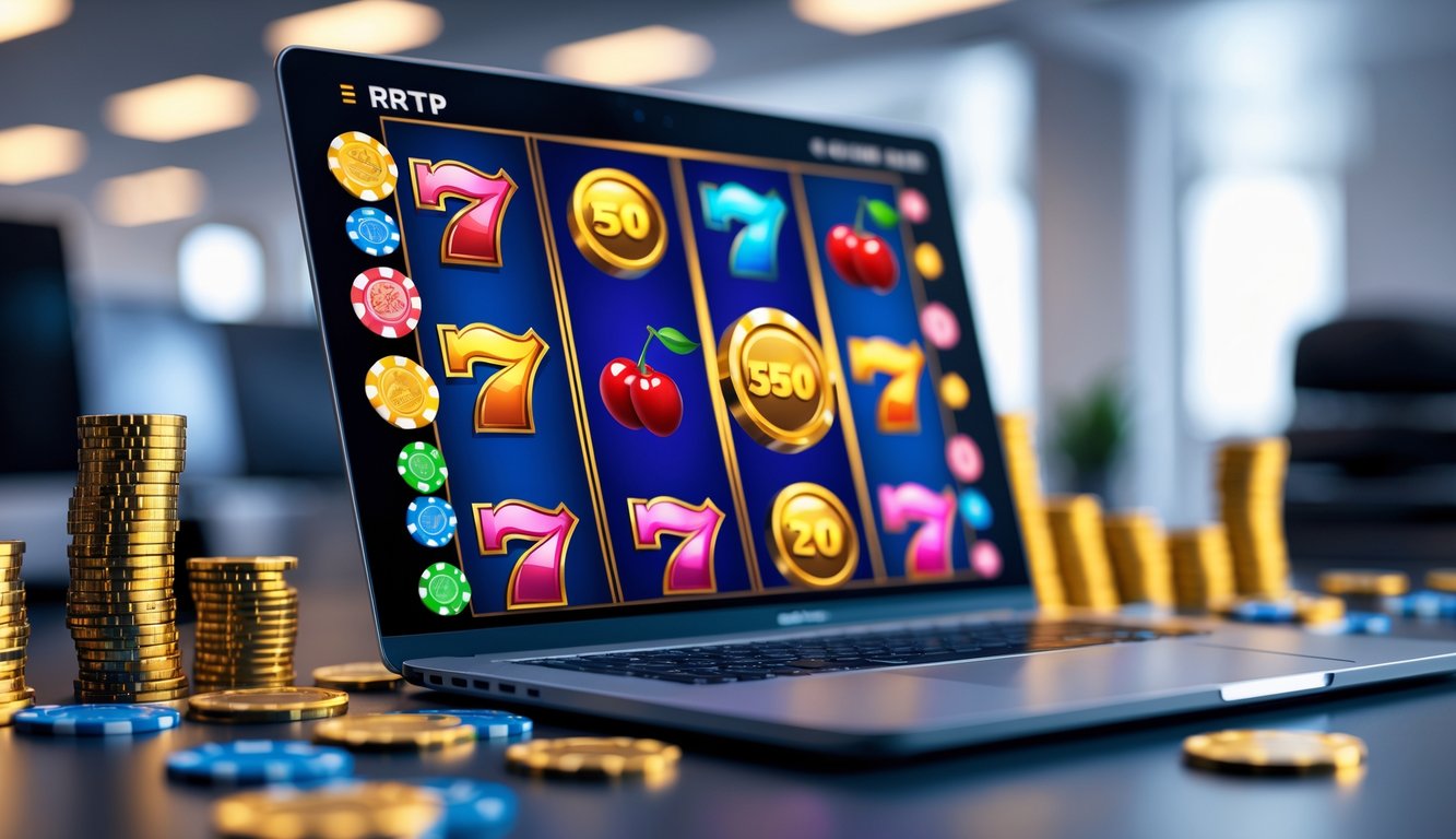 Sebuah layar komputer menampilkan permainan slot online dengan simbol kemenangan dan chip kasino di meja kerja yang rapi.