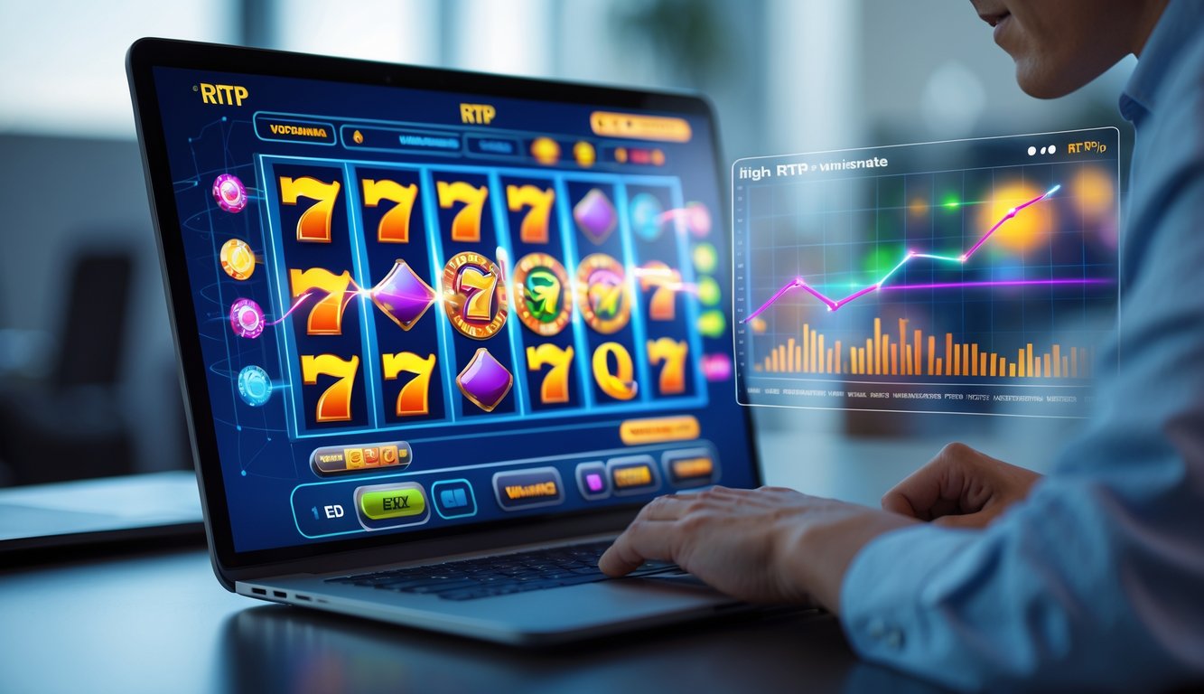 Seorang pria sedang menggunakan laptop dengan tampilan permainan slot online dan grafik data RTP serta winrate di layar.