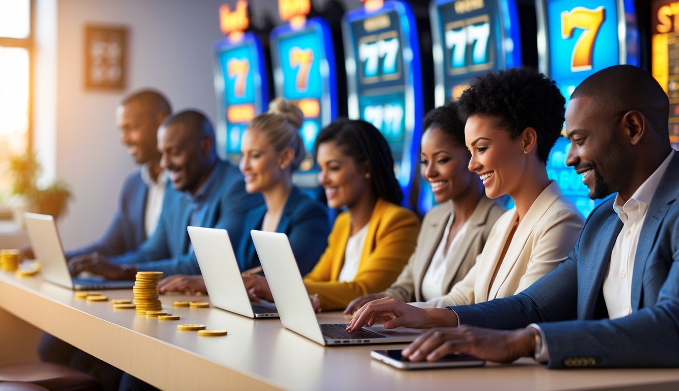 Orang-orang menggunakan laptop dan ponsel untuk bermain permainan slot online di ruangan yang terang dan nyaman.