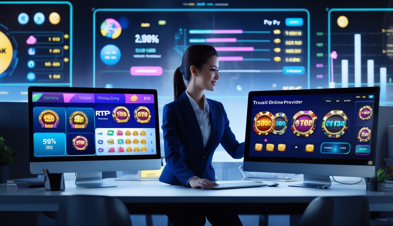 Seorang pria sedang menggunakan komputer dengan layar menampilkan permainan slot online dan ikon pembayaran yang aman.