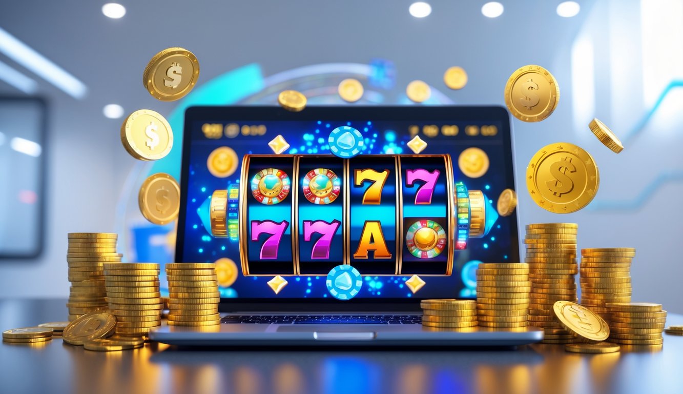 Seorang pengguna sedang bermain mesin slot online di komputer dengan tumpukan koin emas dan simbol jackpot di sekitarnya.