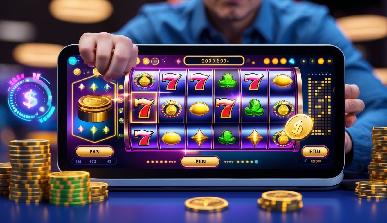 Seseorang menggunakan perangkat digital dengan tampilan mesin slot berwarna-warni dan ikon bonus di layar.
