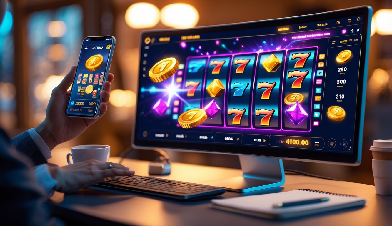 Layar komputer menampilkan permainan slot online dengan grafik warna-warni dan simbol jackpot, di meja dengan suasana yang nyaman dan alat tulis.
