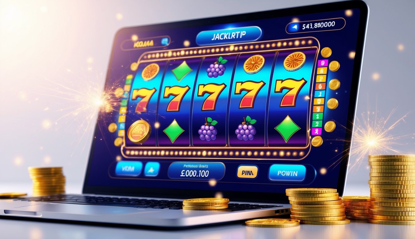 Layar komputer menampilkan permainan slot online dengan gulungan berwarna-warni dan koin emas di sekitarnya.