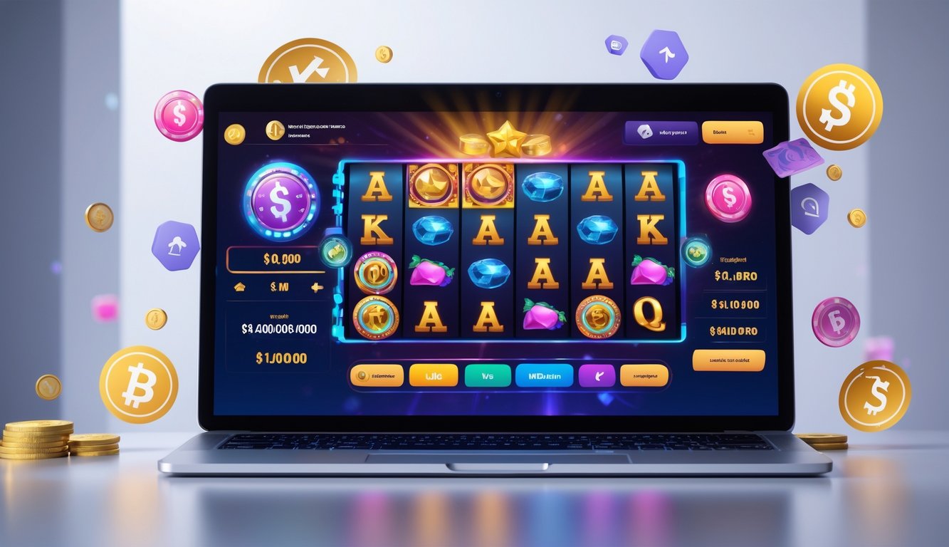 Layar komputer menampilkan permainan slot online dengan latar belakang bersih dan elemen yang menunjukkan transaksi cepat dan deposit rendah.