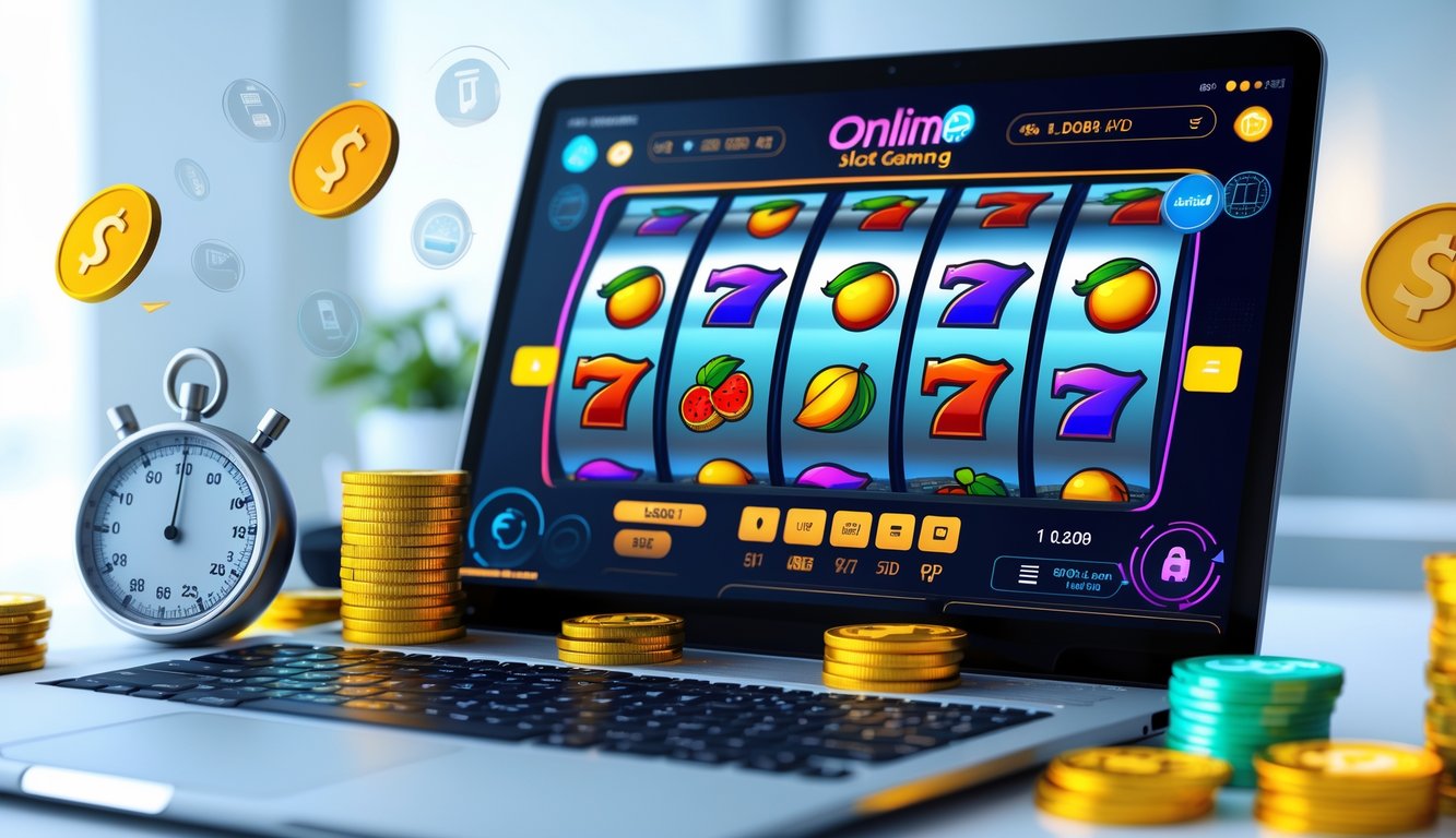 Layar perangkat digital menampilkan permainan slot online dengan simbol warna-warni, dikelilingi ikon koin digital, stopwatch, dan simbol pembayaran aman.