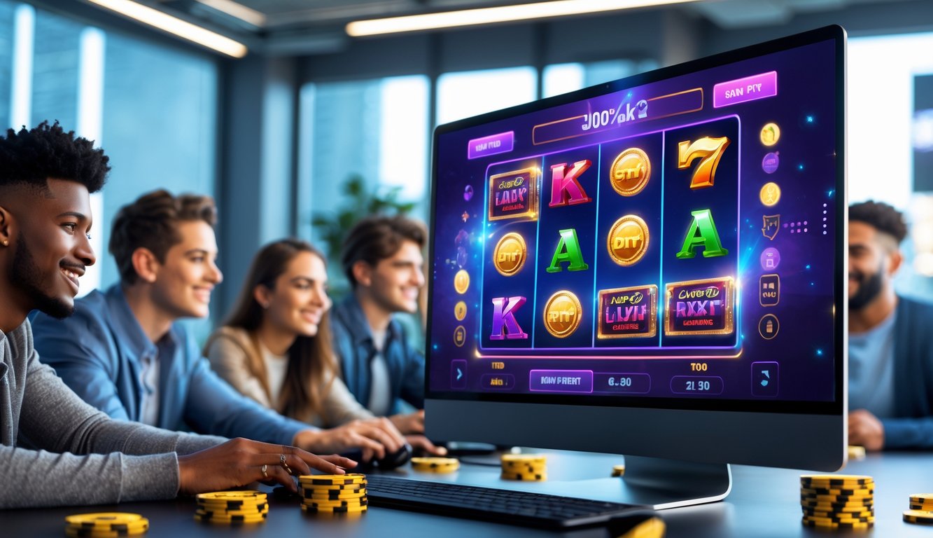 Sebuah monitor komputer menampilkan permainan slot online berwarna-warni dengan orang-orang muda menikmati permainan di sekitar meja kerja.