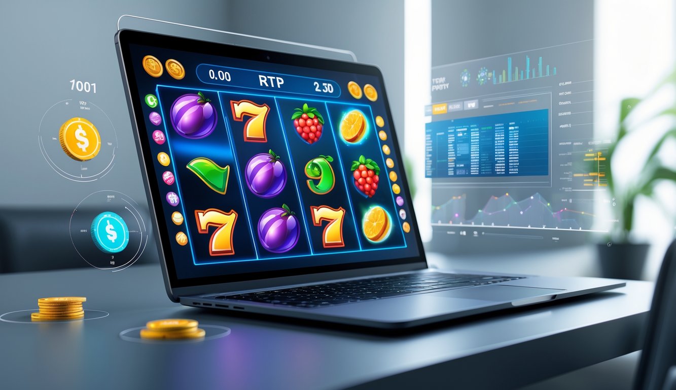 Layar komputer menampilkan permainan slot online dengan ikon permainan populer dan grafik data RTP tinggi.