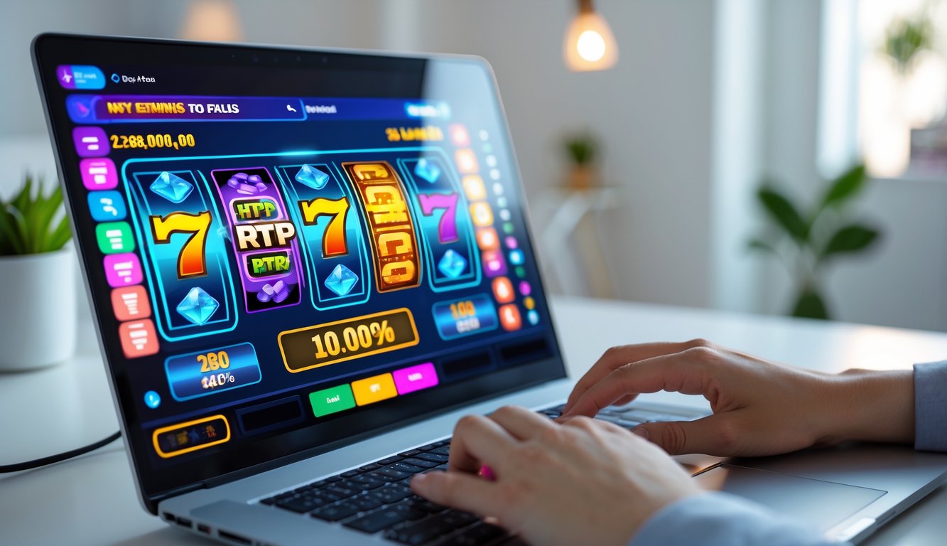 Seorang pengguna sedang bermain permainan slot online di komputer dengan tampilan layar yang berwarna-warni di ruang kerja yang rapi.