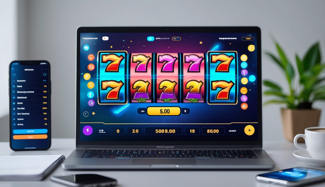 Seorang pemain menggunakan laptop dengan tampilan permainan slot online berwarna-warni dan indikator RTP, dikelilingi oleh catatan strategi, ponsel dengan statistik taruhan, dan secangkir kopi di meja.