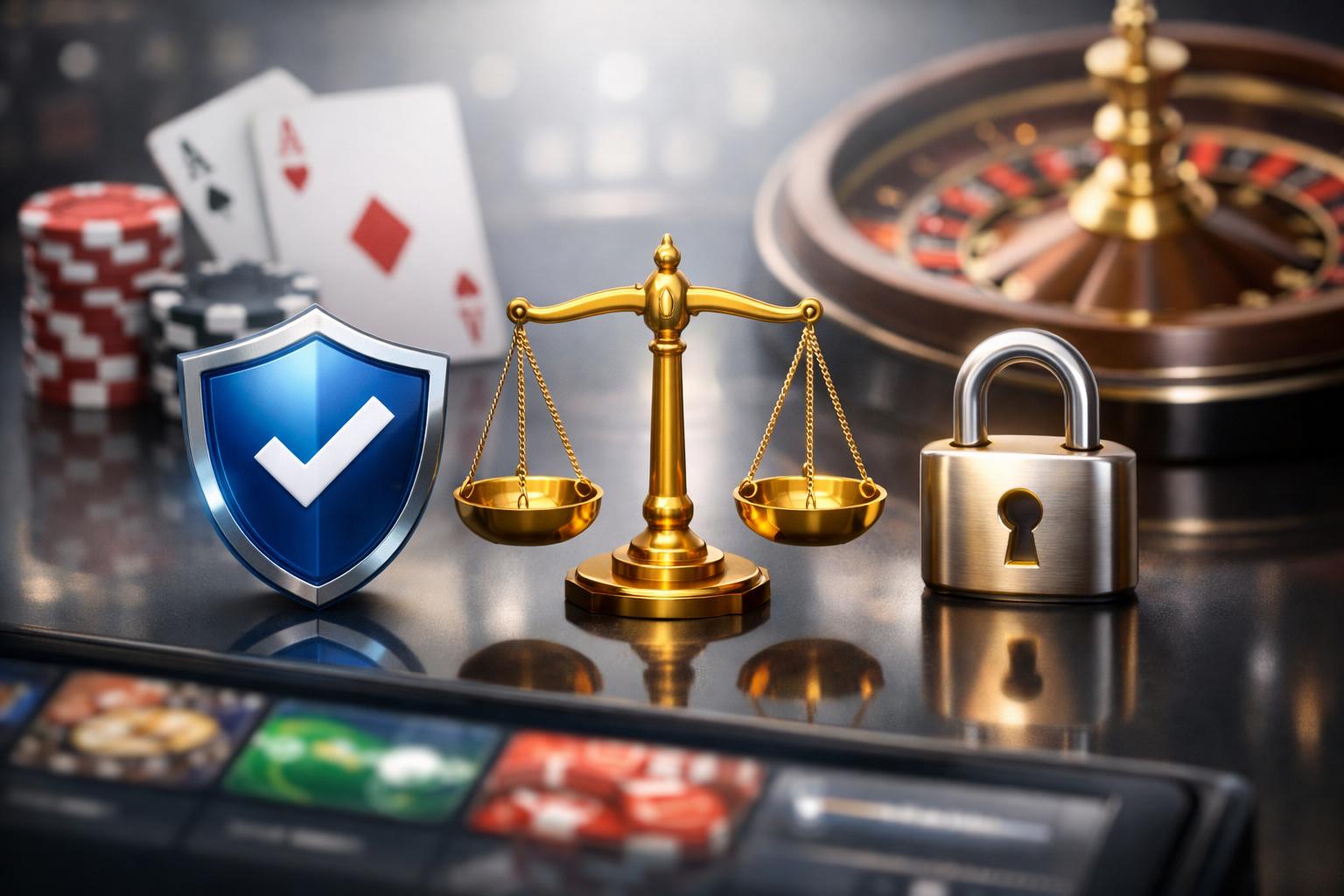 A Digital Interface Of An Online Casino Showing Security Symbols Like A Shield, Padlock, And Balanced Scale With Casino Elements In The Background.