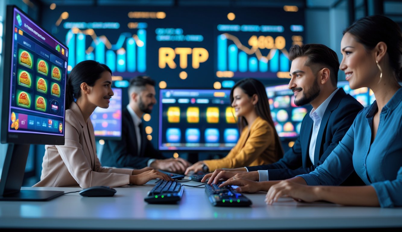 Beberapa orang sedang duduk di depan komputer dengan layar menampilkan permainan slot online dan grafik RTP, di sebuah ruang kantor modern.