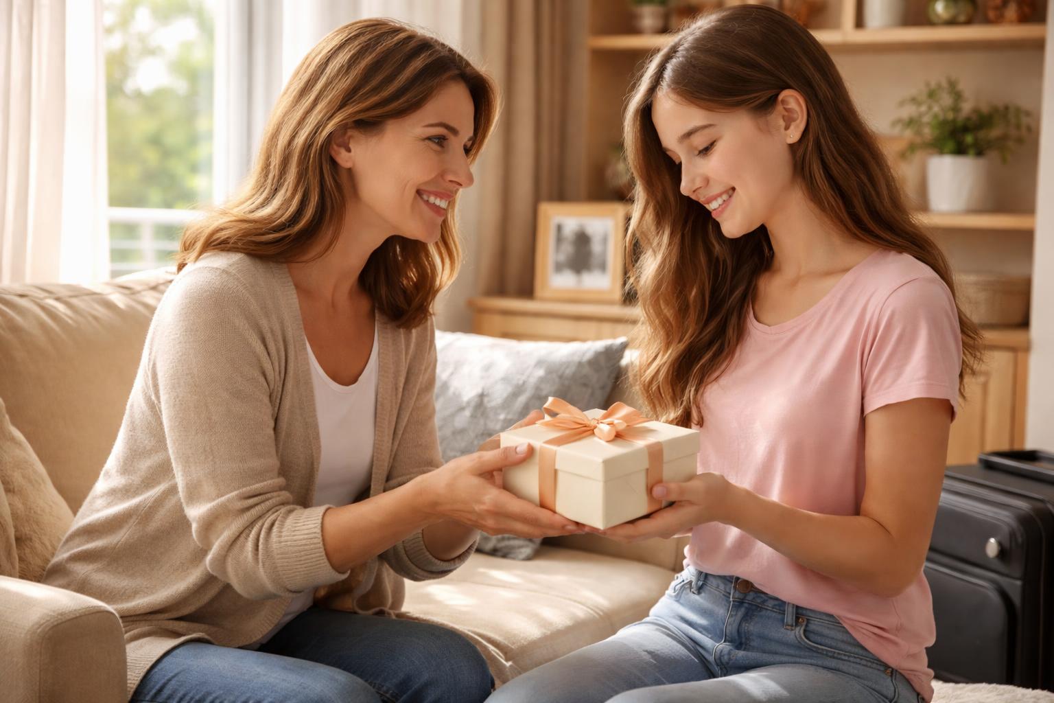 A mother giving a wrapped gift to her smiling daughter in a cozy living room with a packed suitcase nearby.