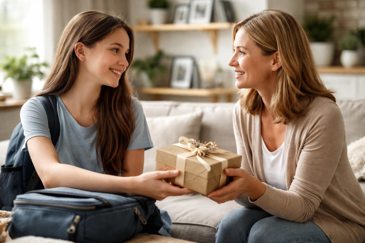 A mother giving a wrapped gift to her daughter who is packing a suitcase in a cozy living room.