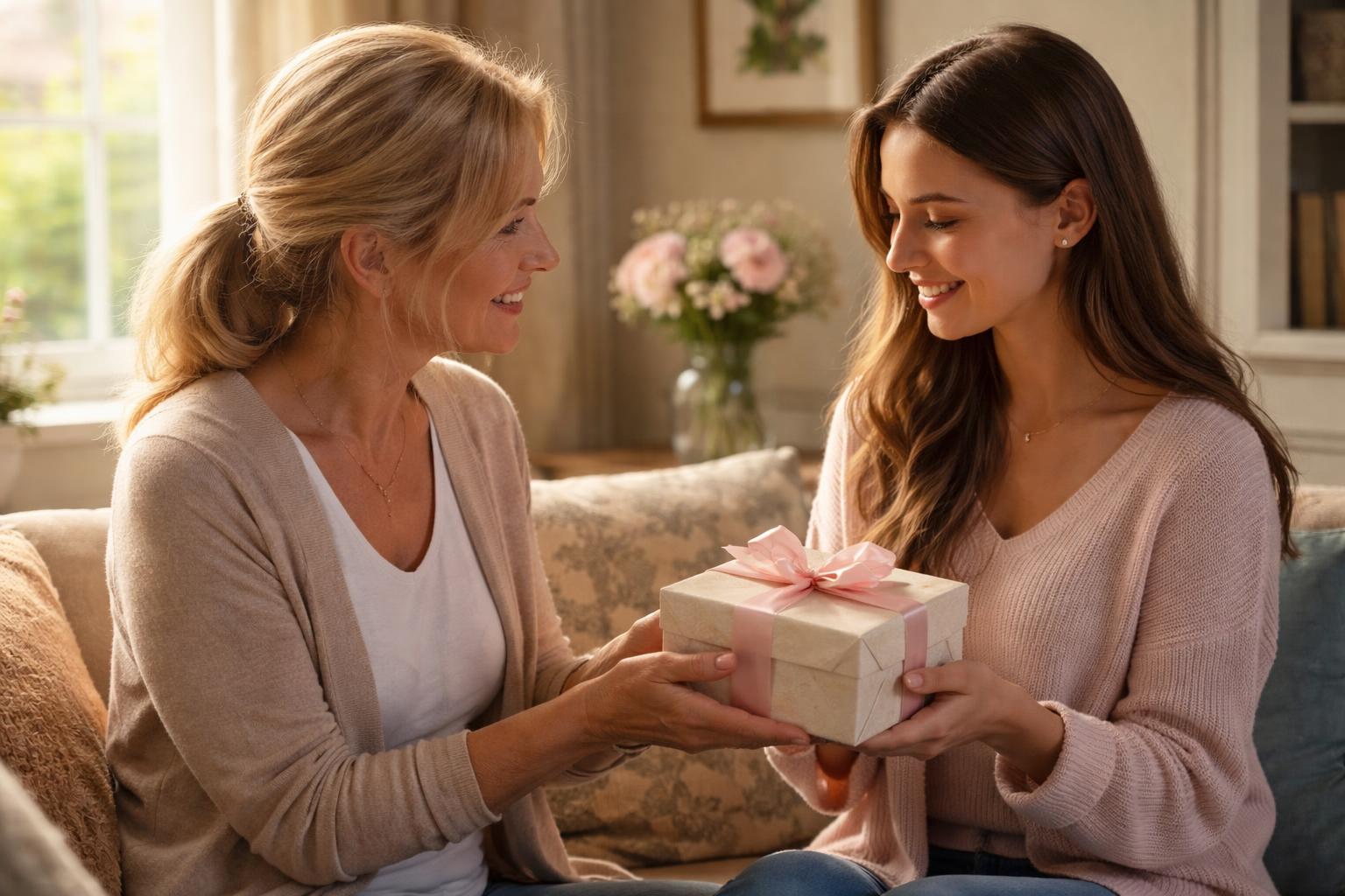 A mother giving her daughter a wrapped gift in a cozy living room as they share a warm, emotional moment.