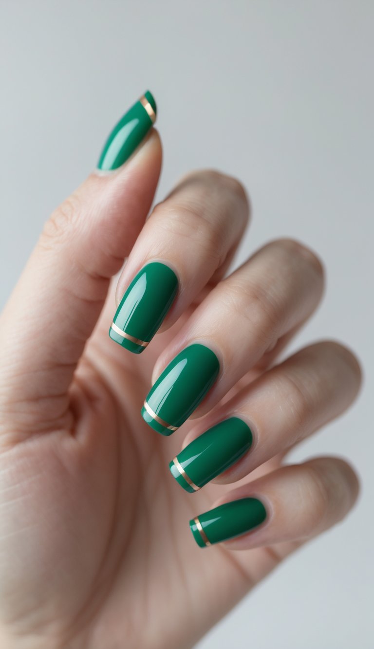Close-up of one hand showing nails with emerald green French tips on a white background.
