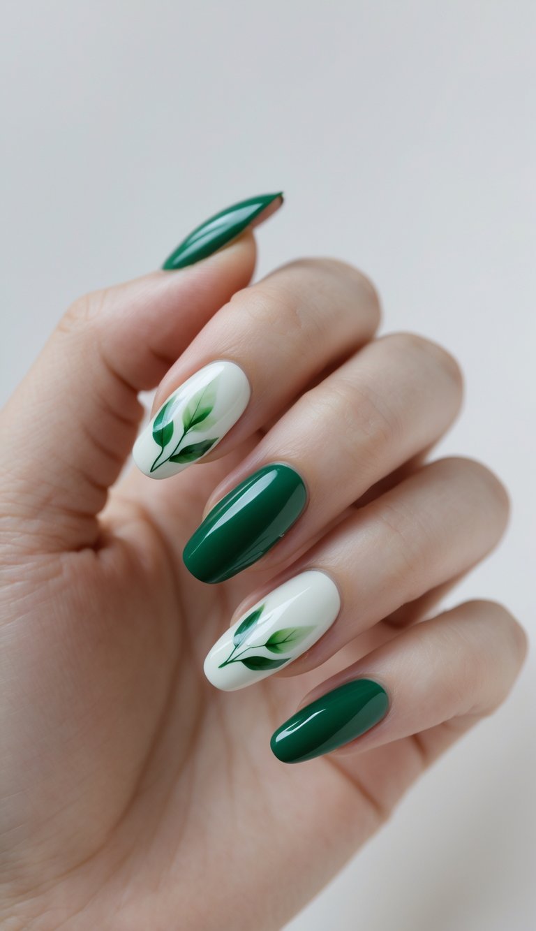 Close-up of one hand with emerald green nails featuring delicate botanical designs against a white background.