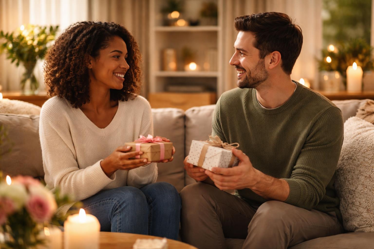 A couple exchanging small gifts and smiling warmly at each other in a cozy living room.