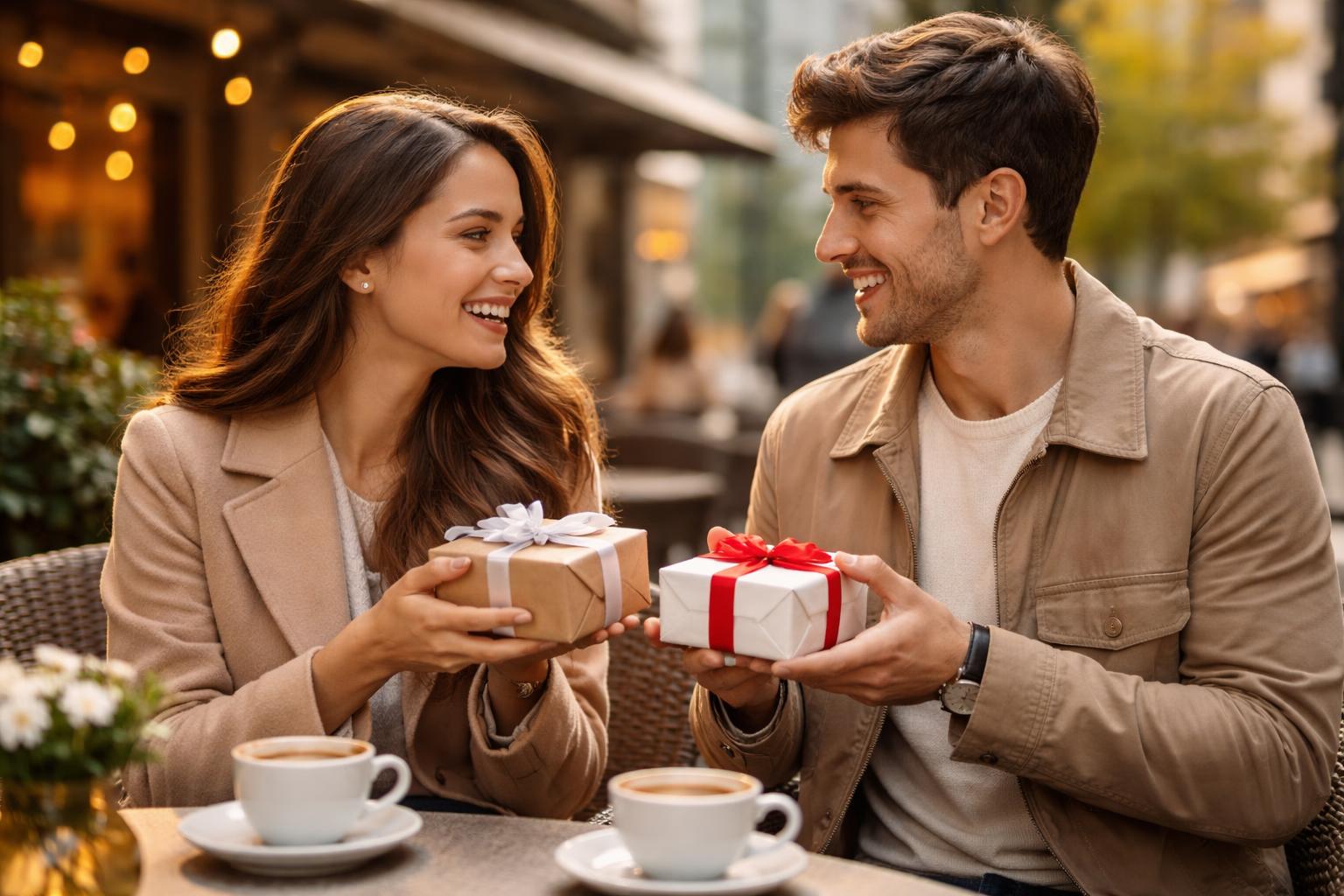 A young couple exchanging gifts and smiling at an outdoor café in a city setting.