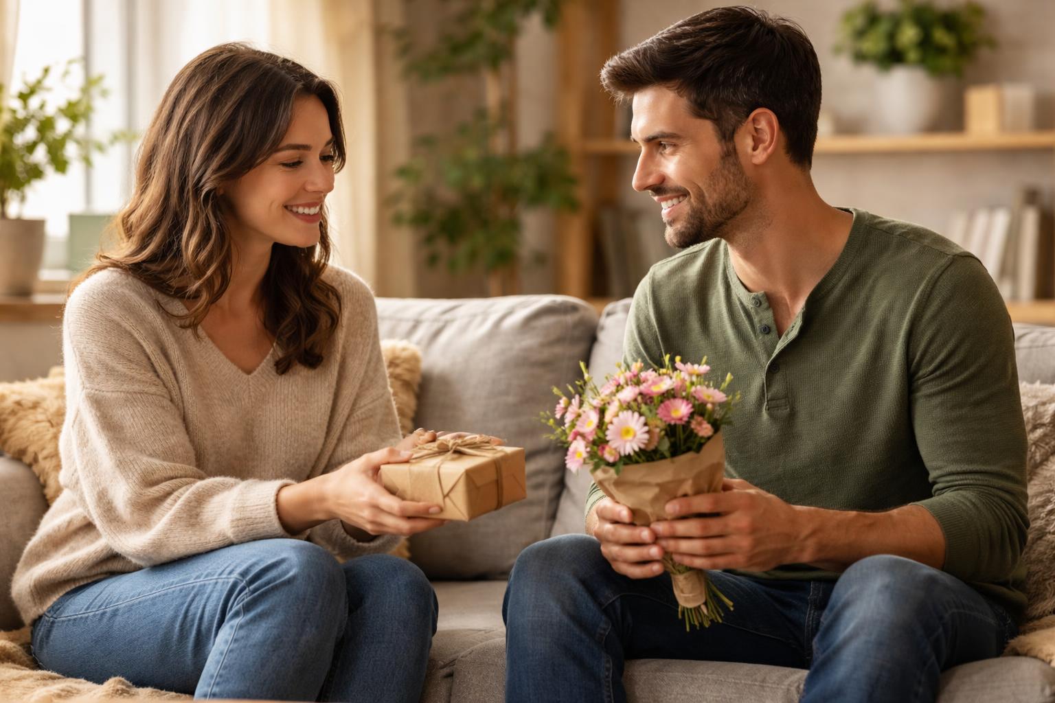 A couple smiling and exchanging small thoughtful gifts in a cozy living room.