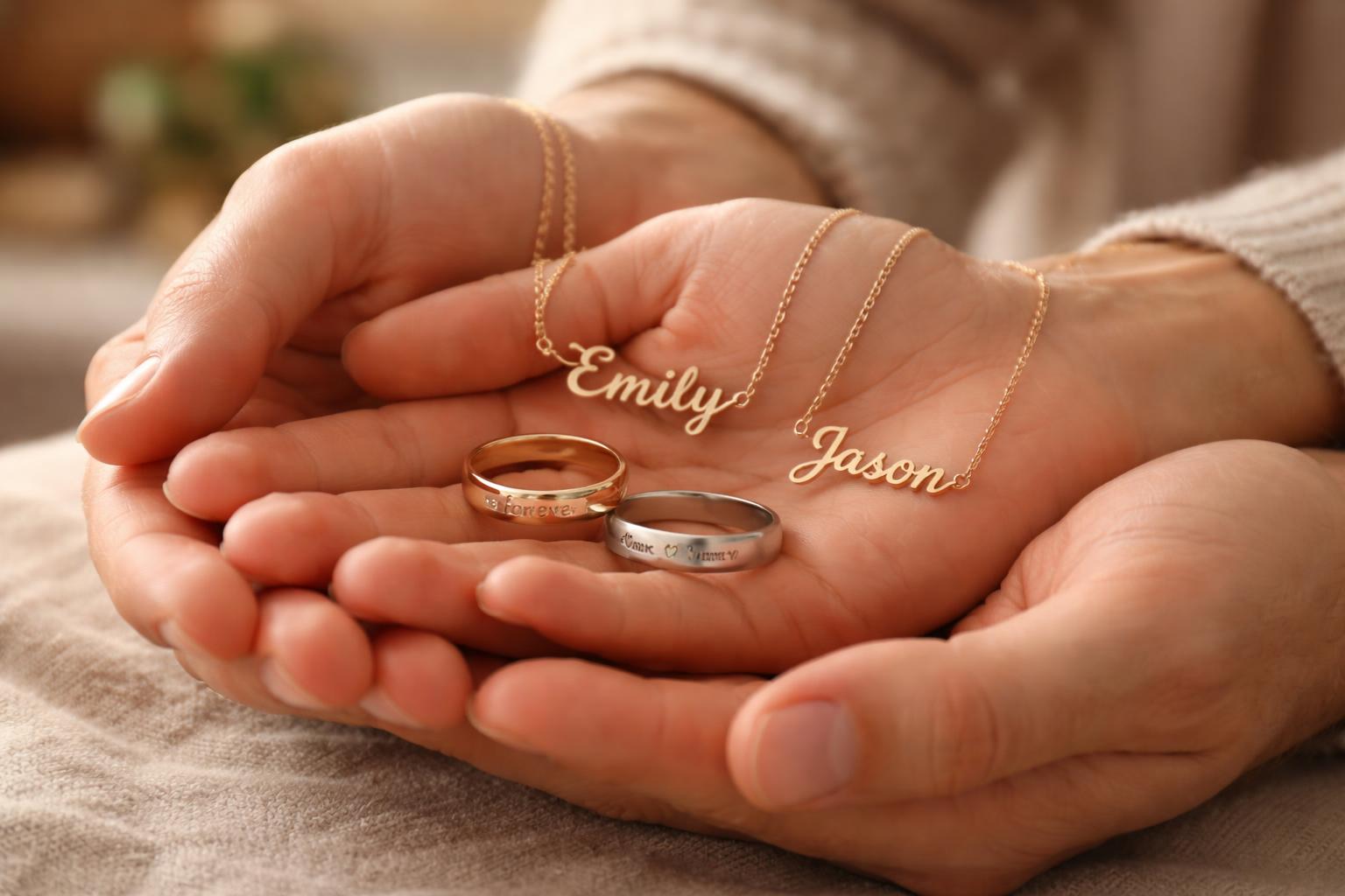 Close-up of a couple's hands holding personalized engraved rings and name necklaces, showing a tender moment between them.