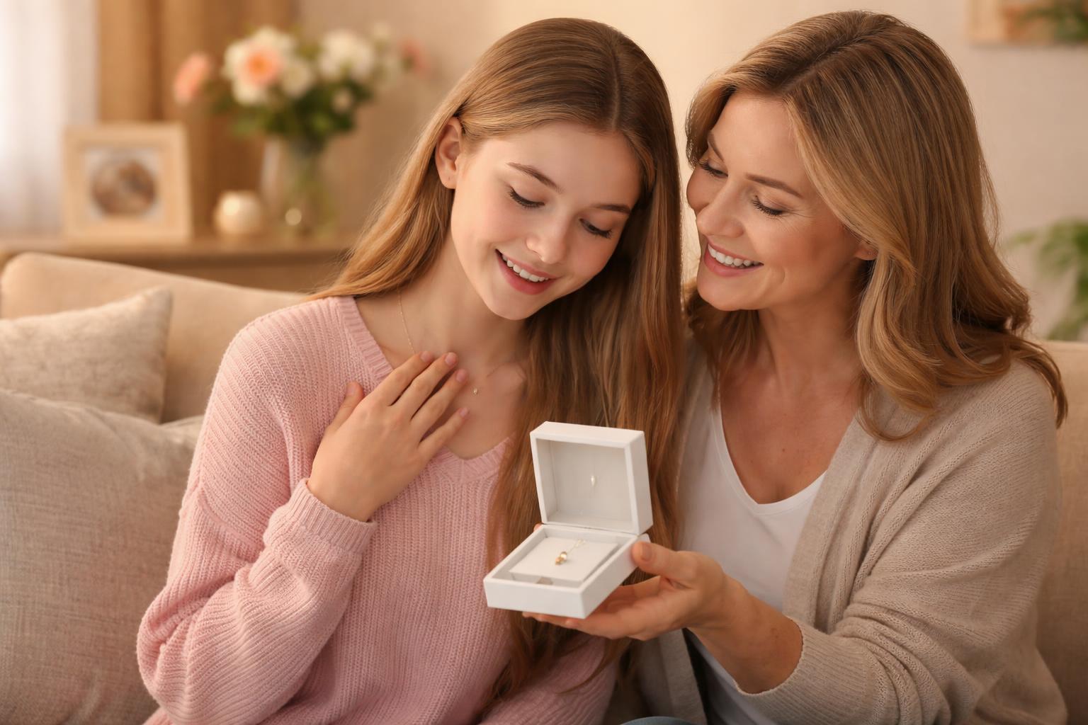 A mother giving her daughter a jewelry gift box as the daughter looks pleasantly surprised in a cozy living room.