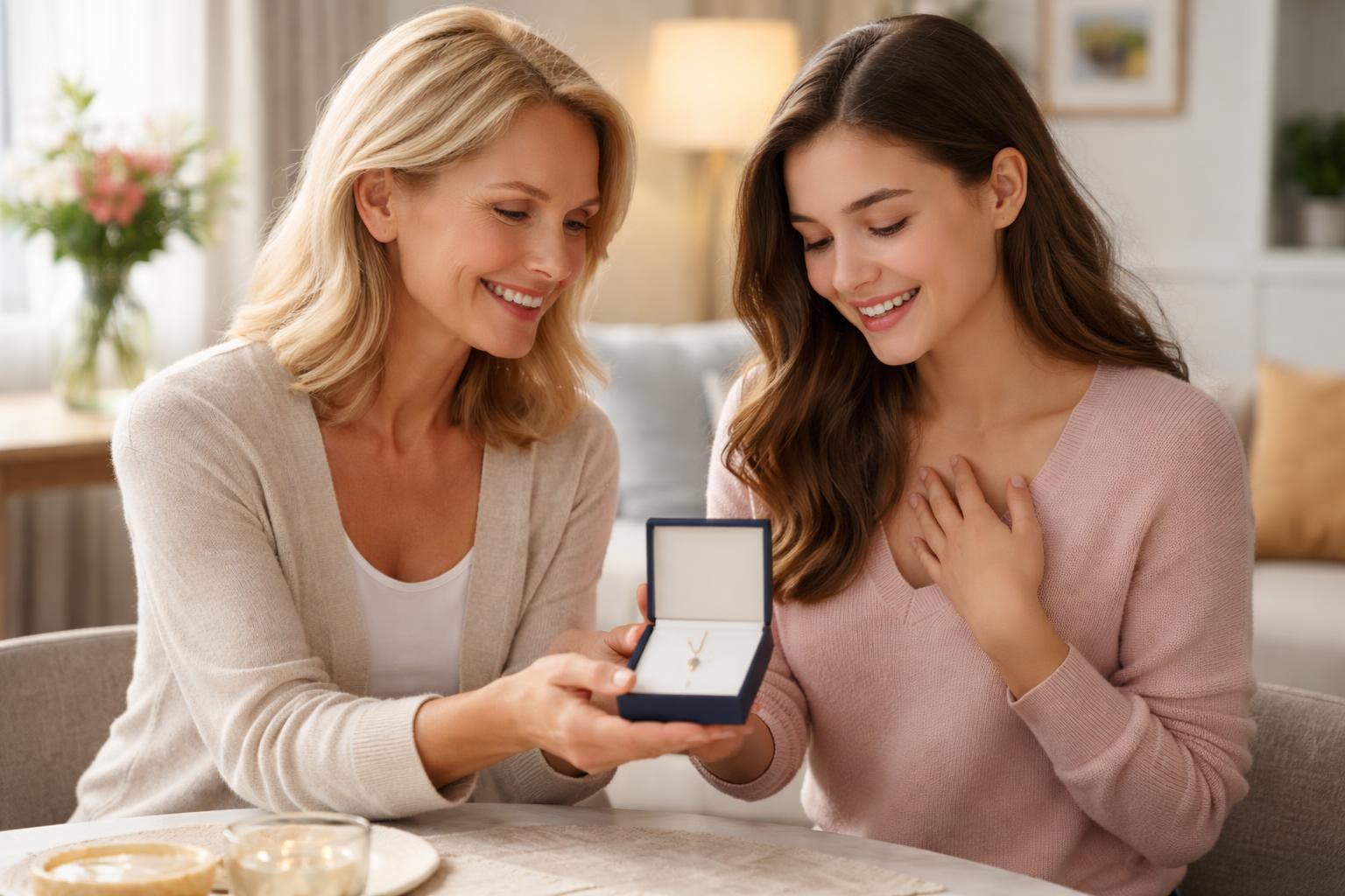 A mother giving her daughter a jewelry box with a necklace, both smiling and sitting together at a table in a cozy living room.