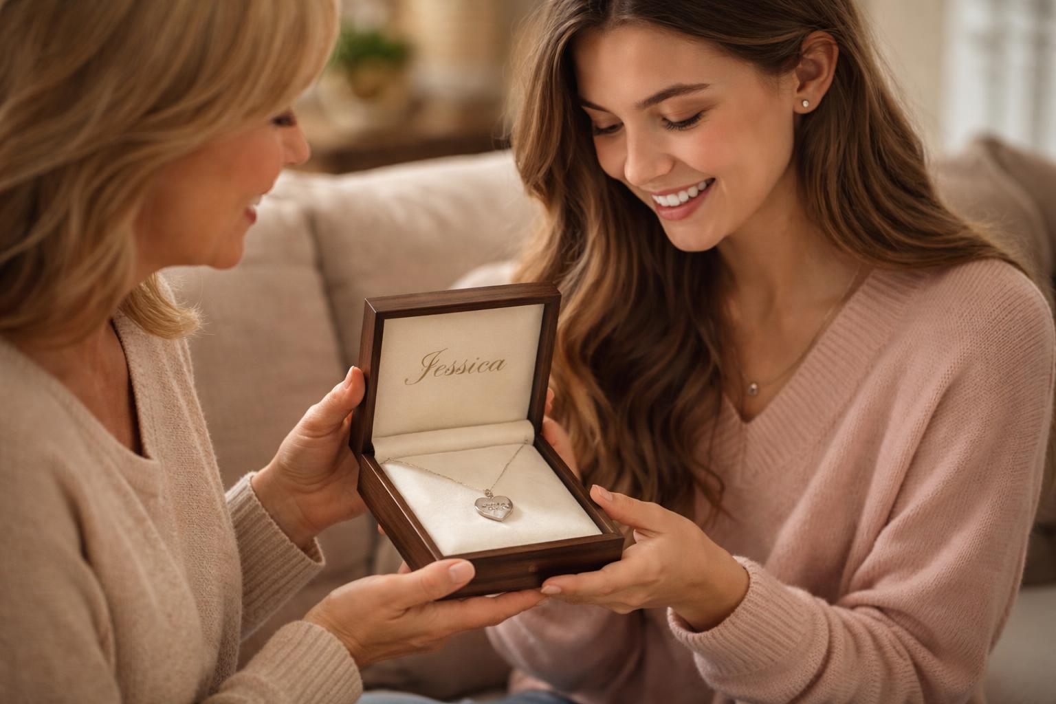 A mother giving her daughter a personalized jewelry box with a necklace inside, both smiling warmly at each other.