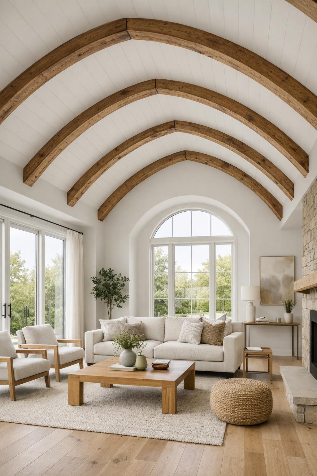 Interior room with vaulted ceiling, exposed wooden beams, large windows, and modern furnishings.