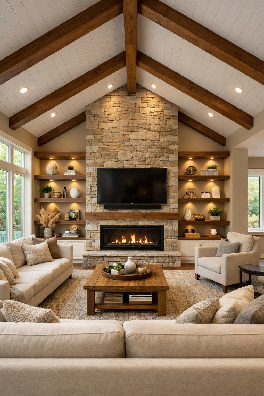 A spacious living room with a vaulted ceiling and a stone fireplace wall, featuring sofas and large windows letting in natural light.