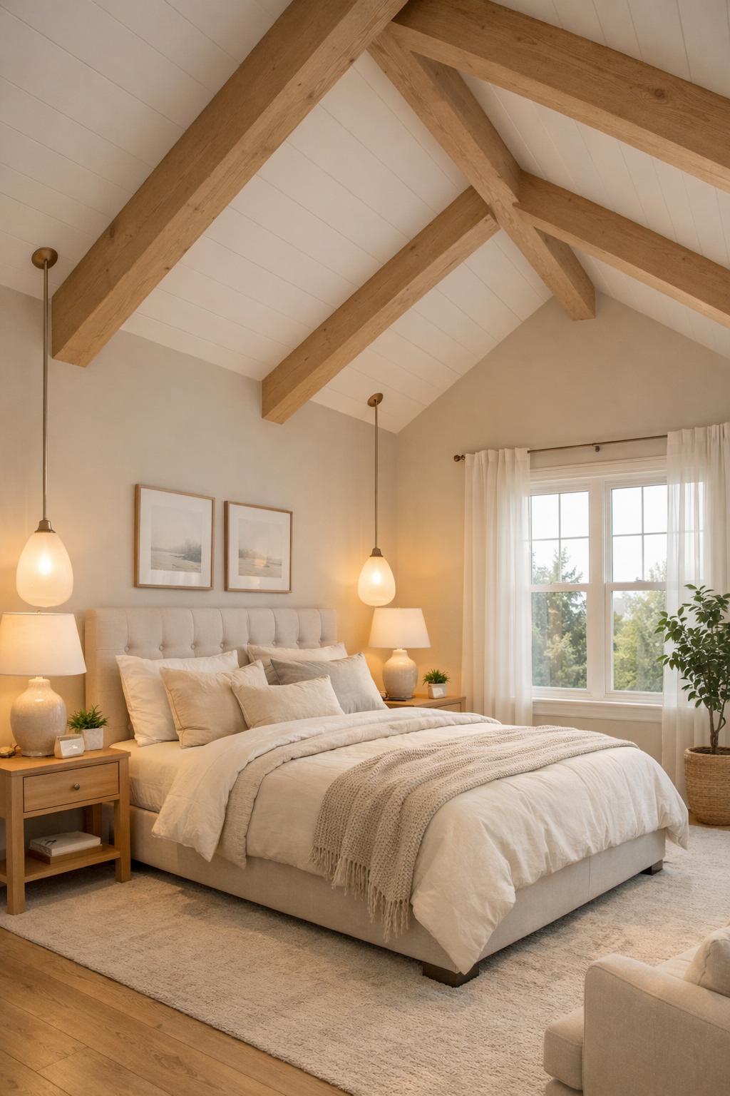 A bedroom with a vaulted ceiling, soft paint colors, warm lighting, a large bed, and windows letting in natural light.