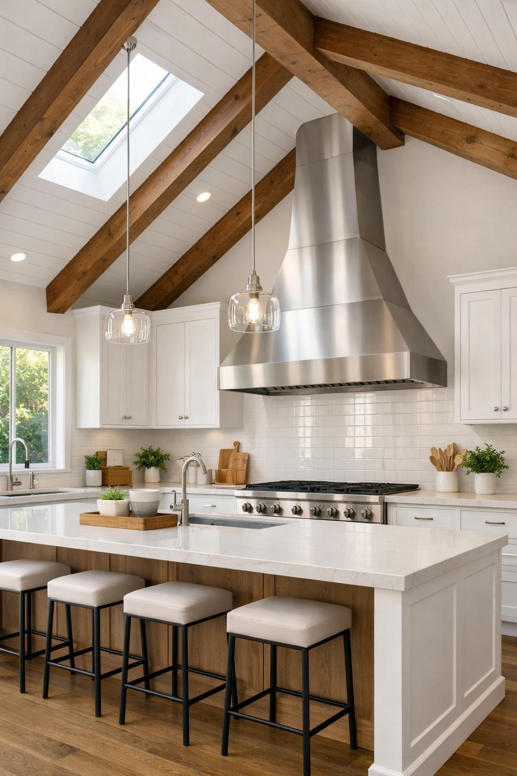 A modern kitchen with a vaulted ceiling and a large stainless steel range hood over the stove.