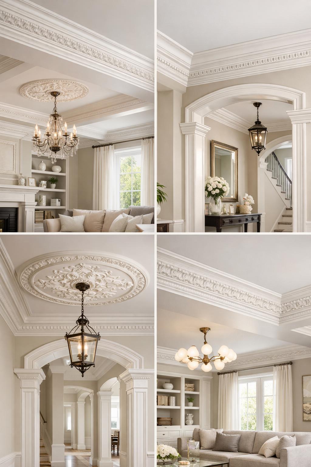 Interior view of several rooms showing different ceiling trims and moldings that enhance the spaces.