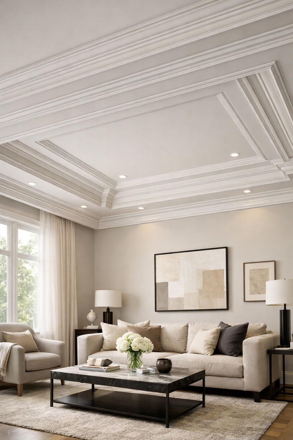 A bright living room with modern ceiling trim and crown molding, featuring comfortable seating and large windows.