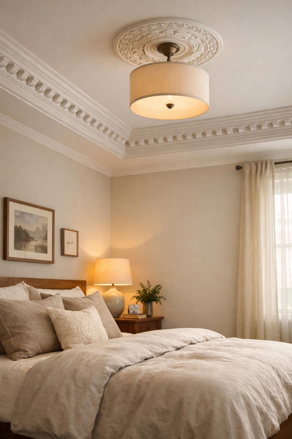 A cozy bedroom with a neatly made bed and soft ceiling molding illuminated by natural light.
