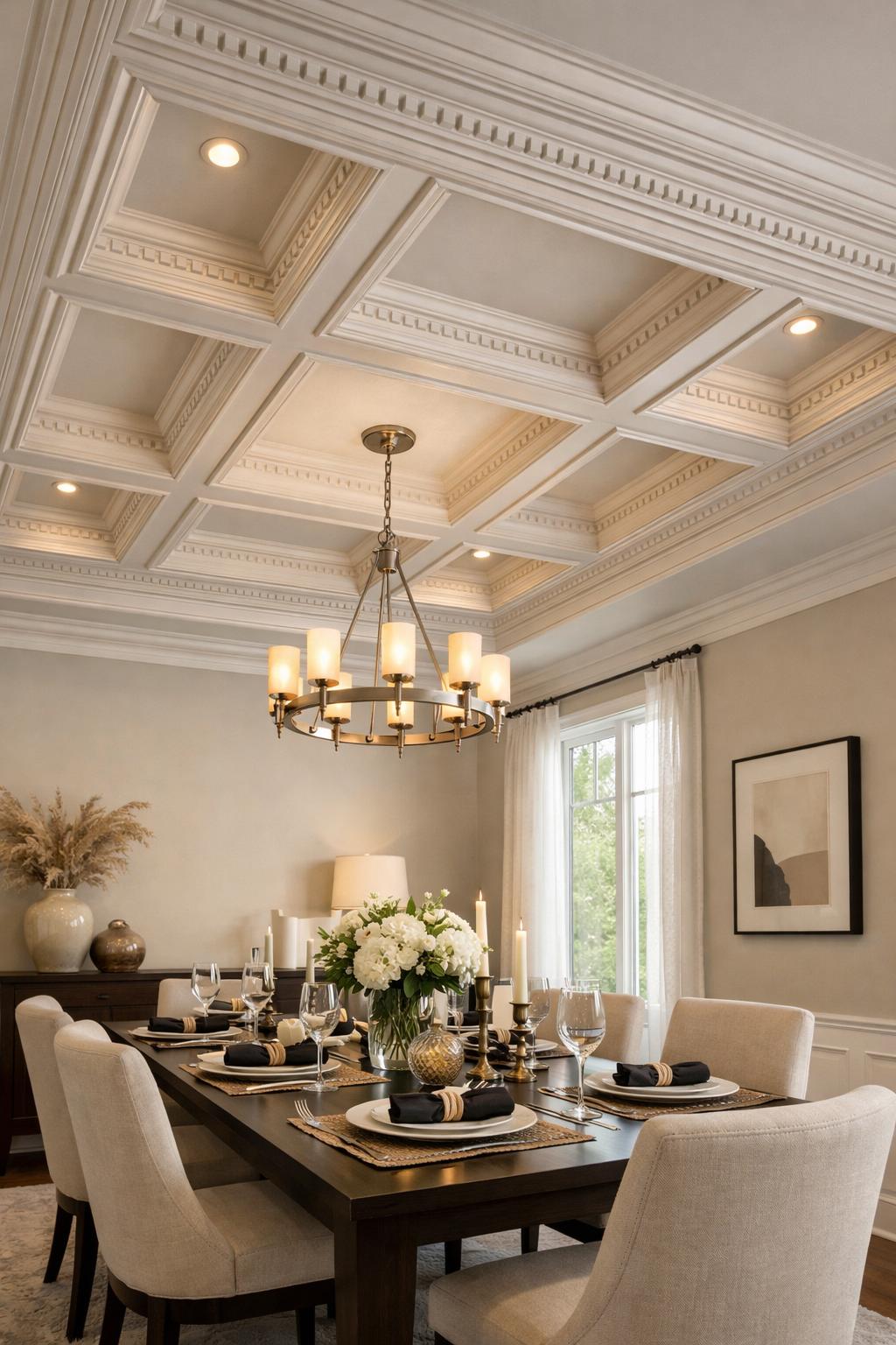 A dining room with a coffered ceiling, a dining table set with chairs, and large windows letting in natural light.