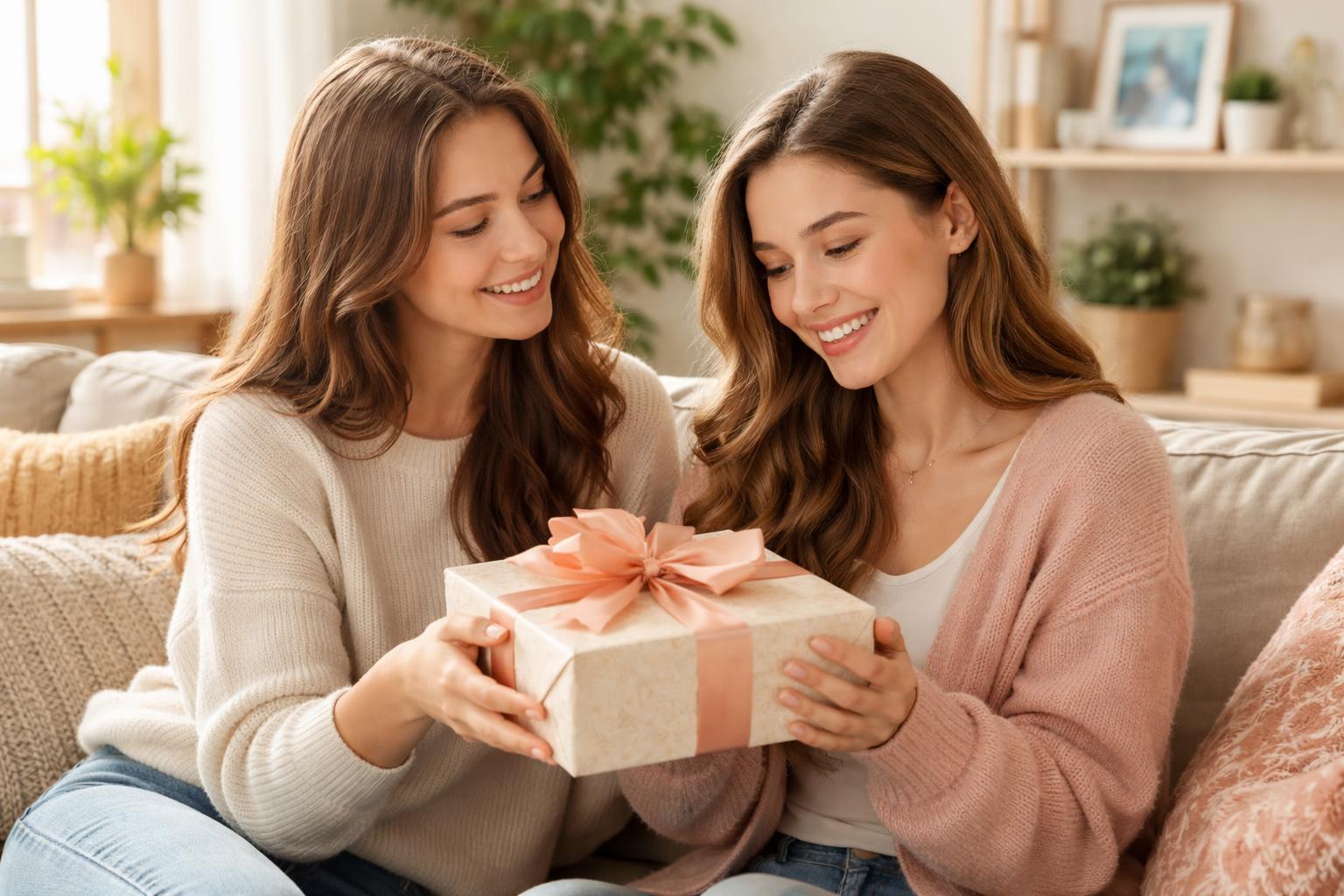 Two sisters sitting on a sofa, one giving a wrapped gift to the other, both smiling warmly in a cozy living room.