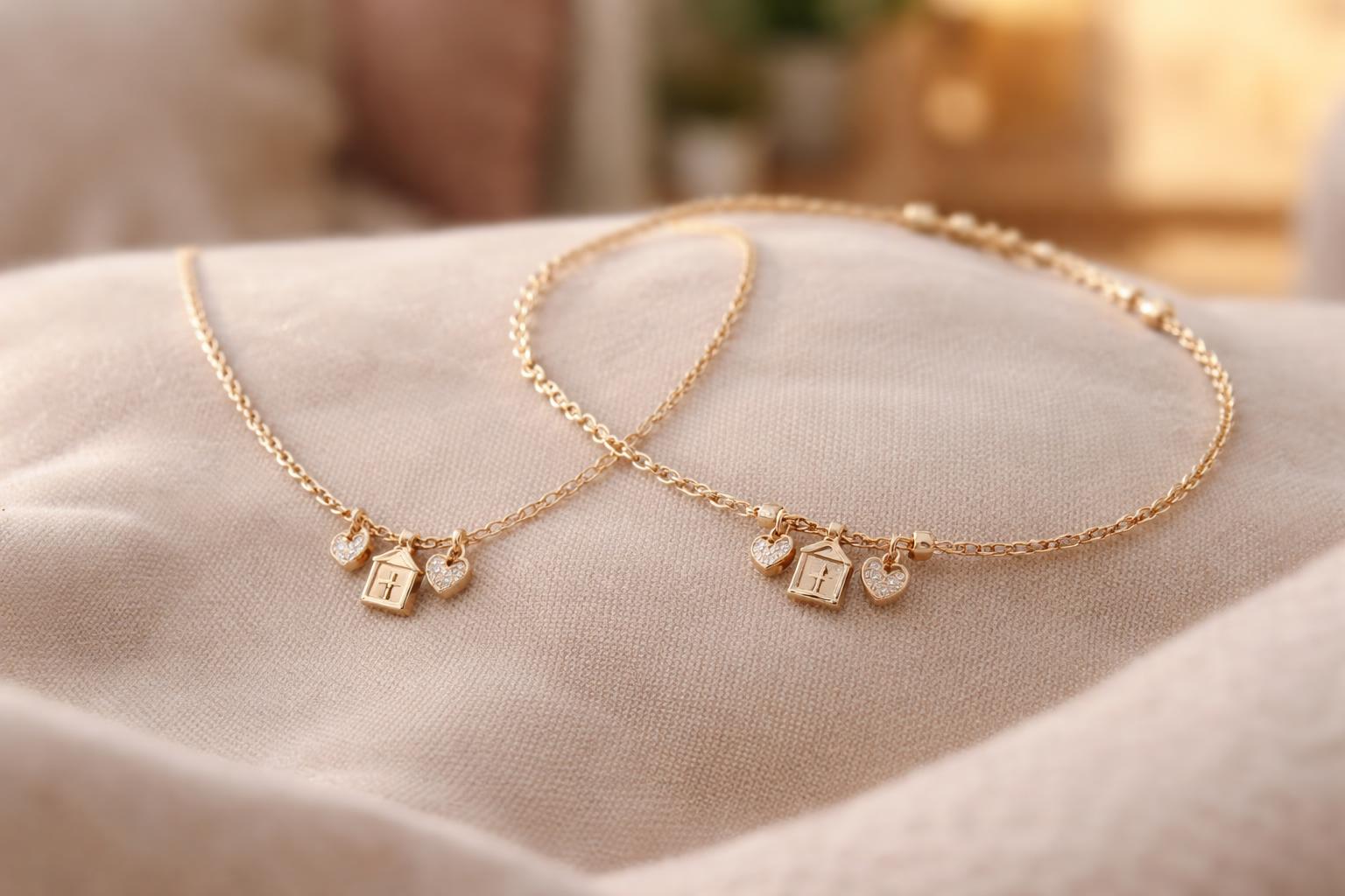 Close-up of elegant jewelry pieces on soft fabric with a warm, cozy background.