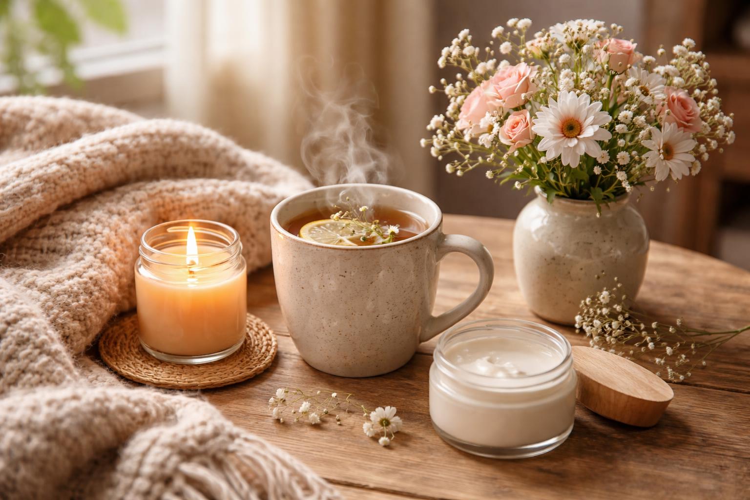 A table with cozy self-care items including a knitted blanket, lit candle, cup of tea, body lotion, and flowers in a vase.