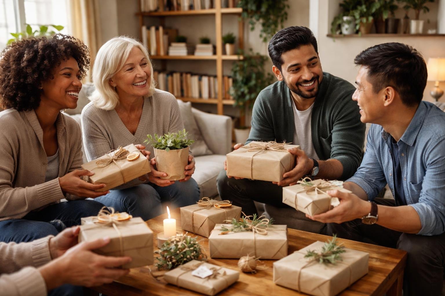 People exchanging small, thoughtfully wrapped gifts in a cozy living room, smiling and appreciating each other.