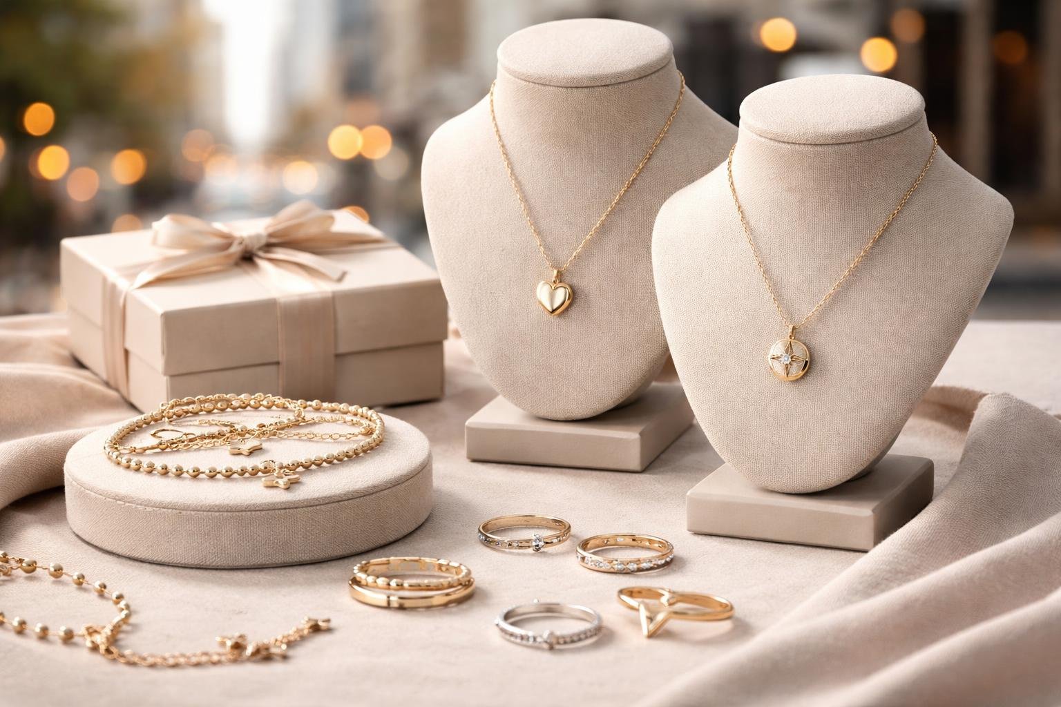 A collection of elegant jewelry pieces displayed on stands with a blurred city background.