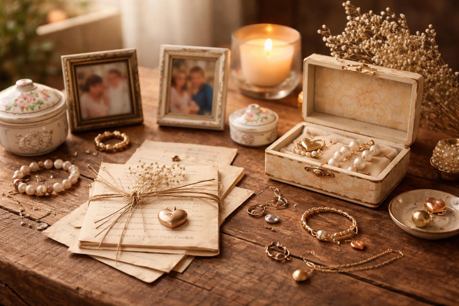 A collection of sentimental keepsakes including jewelry, photo frames, handwritten notes, and trinket boxes arranged on a wooden table with soft natural light.