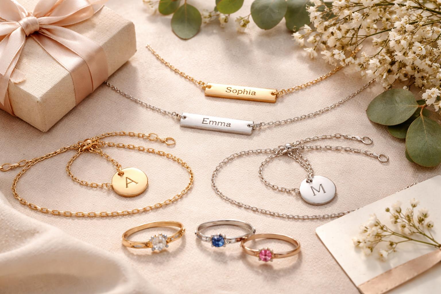 Close-up of personalized jewelry pieces including engraved necklaces and birthstone rings arranged with a small gift box and flowers on a soft fabric background.