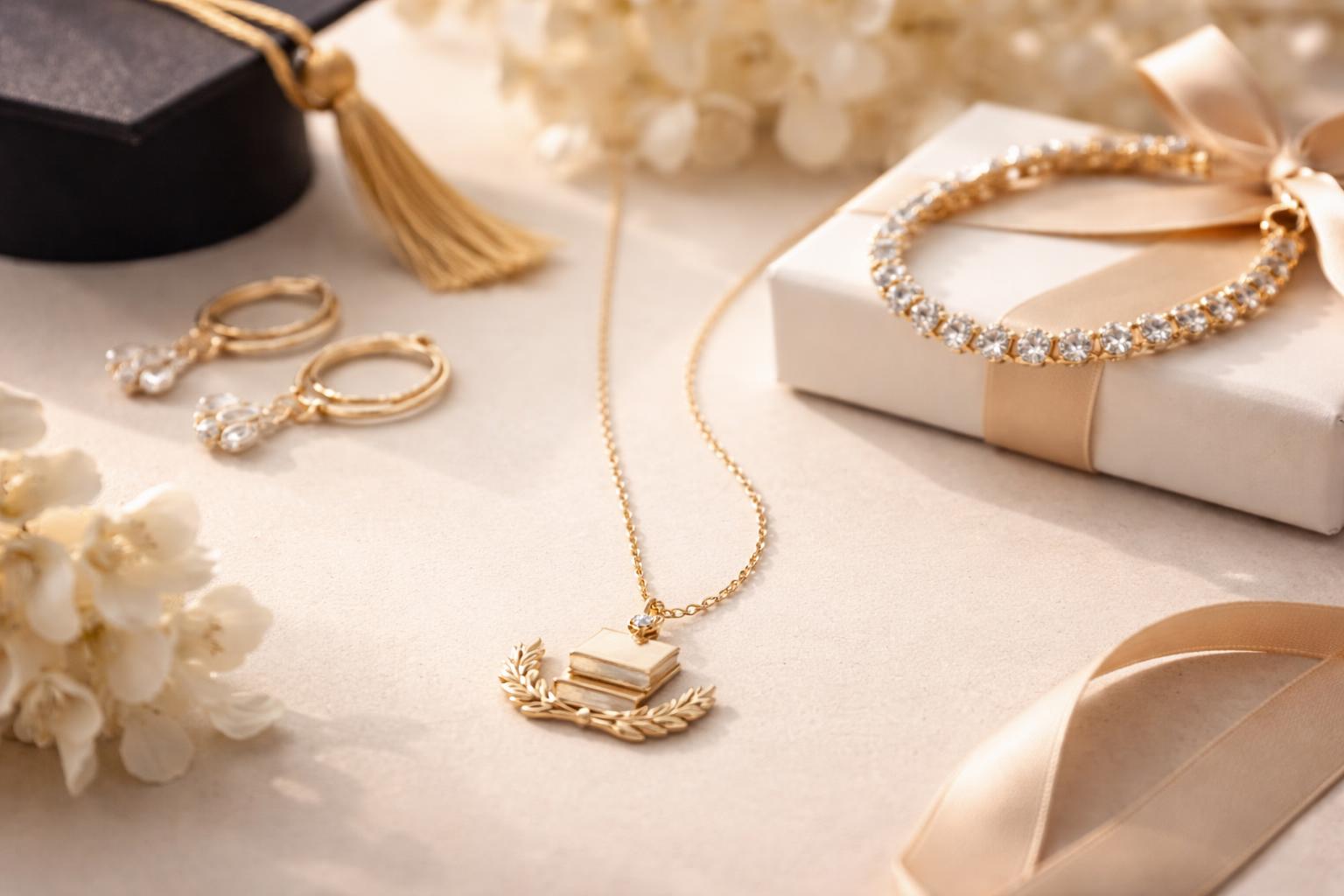 Close-up of elegant jewelry pieces including a necklace with an academic-themed pendant, arranged on a neutral background to represent meaningful gifts for a female PhD graduate.