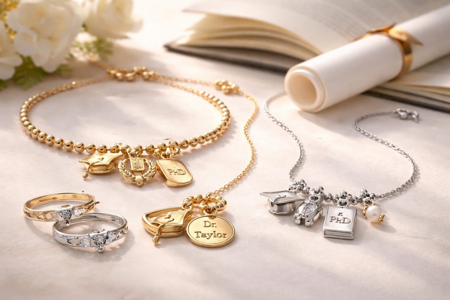 A display of elegant personalized jewelry with academic-themed charms arranged next to a diploma scroll and an open book.